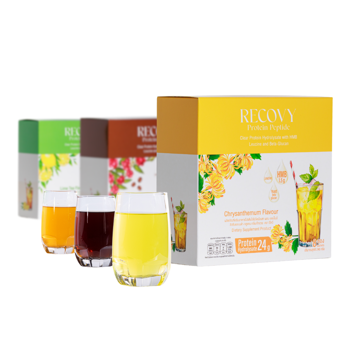 Recovy โปรตีนพืชไฮโดรไลเสต ชนิดผงชงดื่ม 8 ซอง 240 กรัม มี HMB และ เบต้ากลูแคน